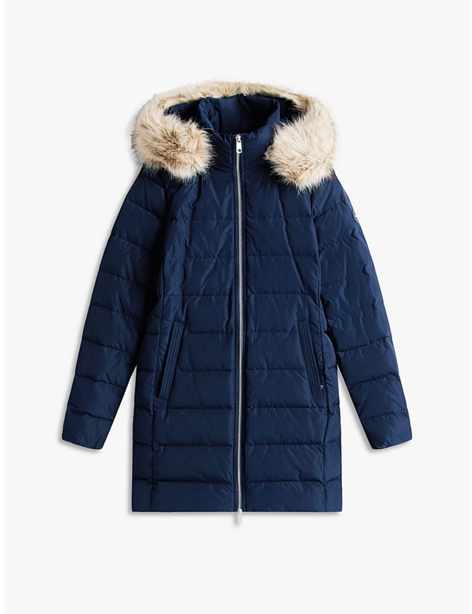 Navy down slim fit coat detachable fur