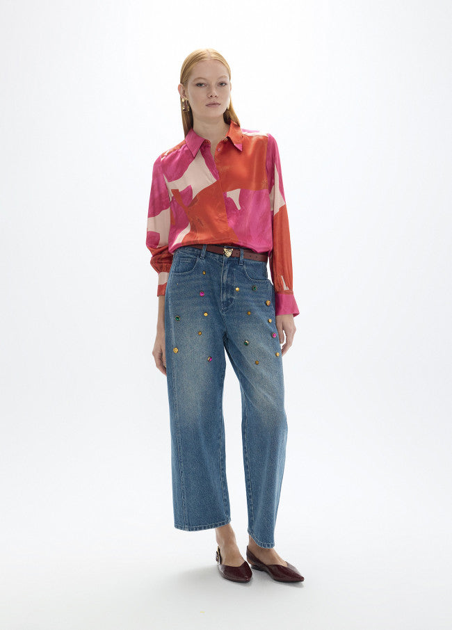 Denim Jeans With Coloured Crystals