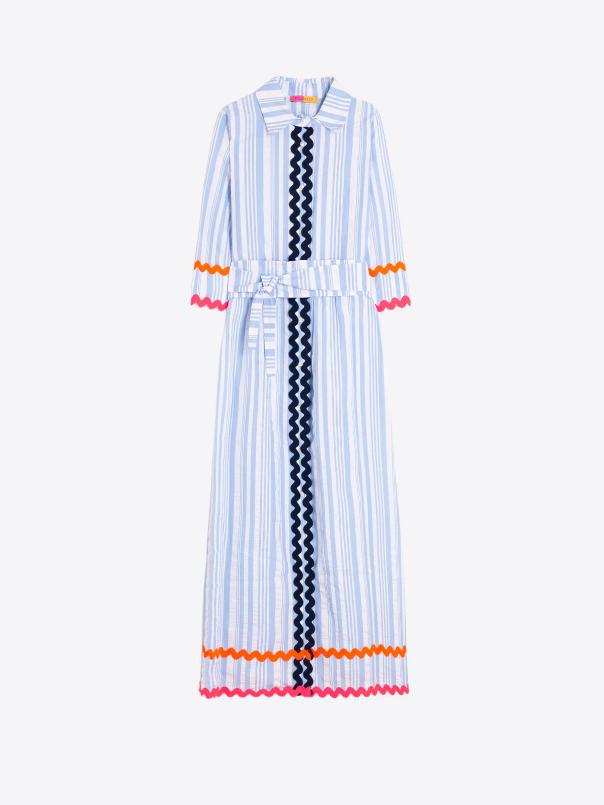 BLUE STRIPED SHIRT DRESS WITH RIVET TRIM