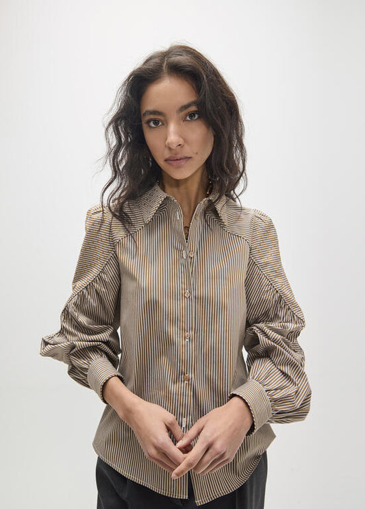 Brown Stripe Crystal Detail Blouse