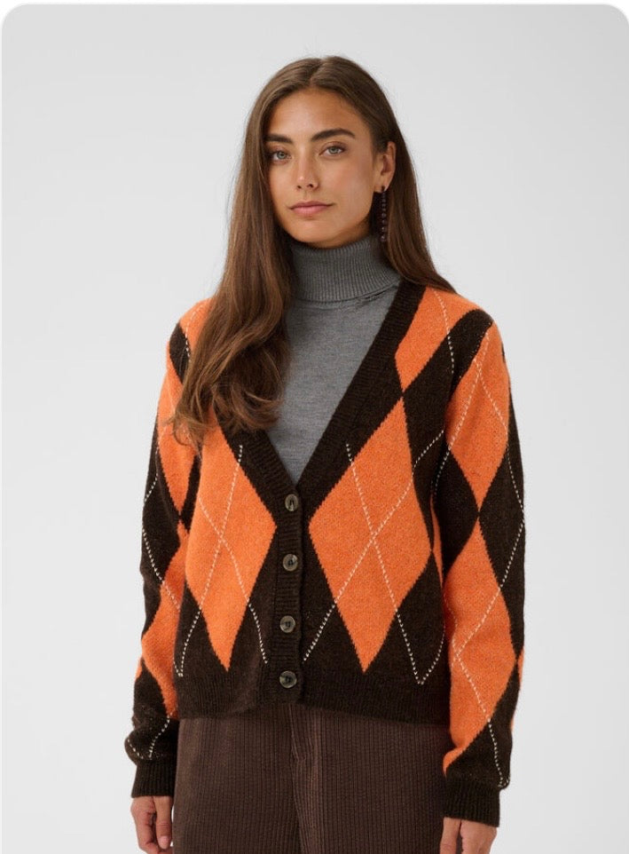 Argyle Cardigan Brown And Orange