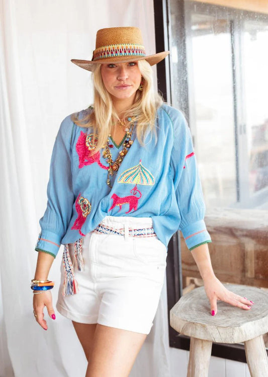 TIGER FLOWER PRINT BLOUSE BLUE