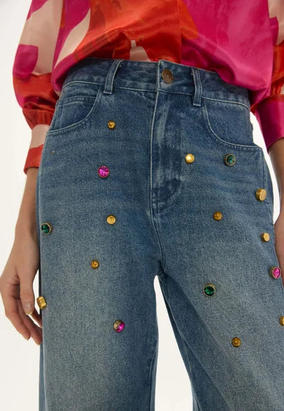 Denim Jeans With Coloured Crystals