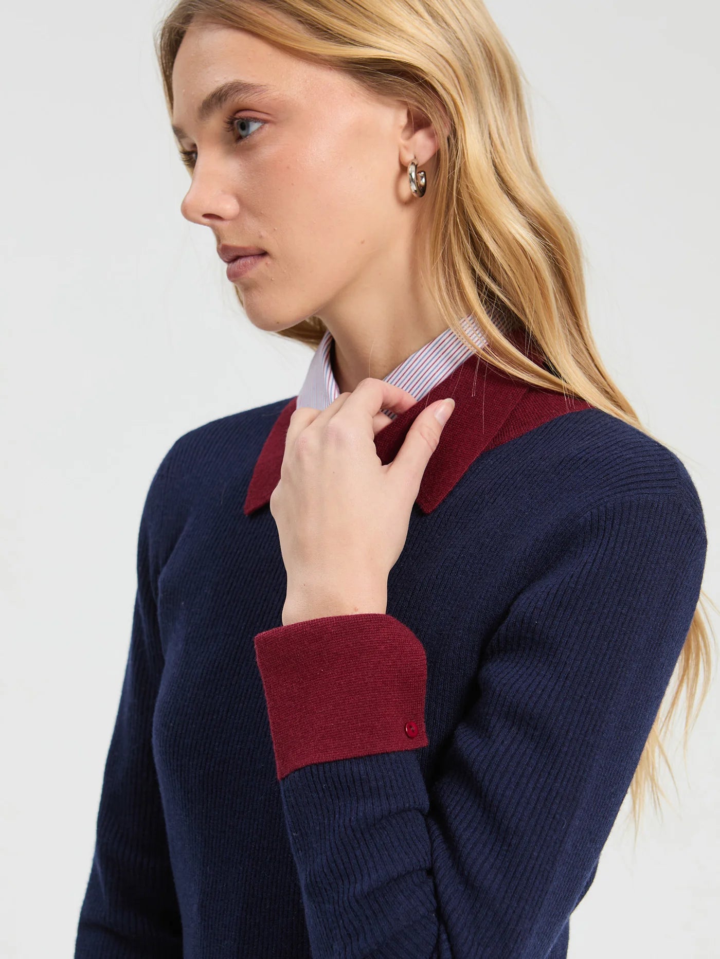 Navy Rib Sweater Burgundy Collar