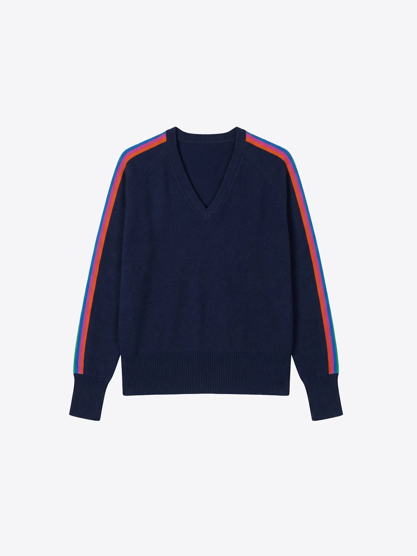 Navy V Neck Multi Colour Stripe Trim Sweater