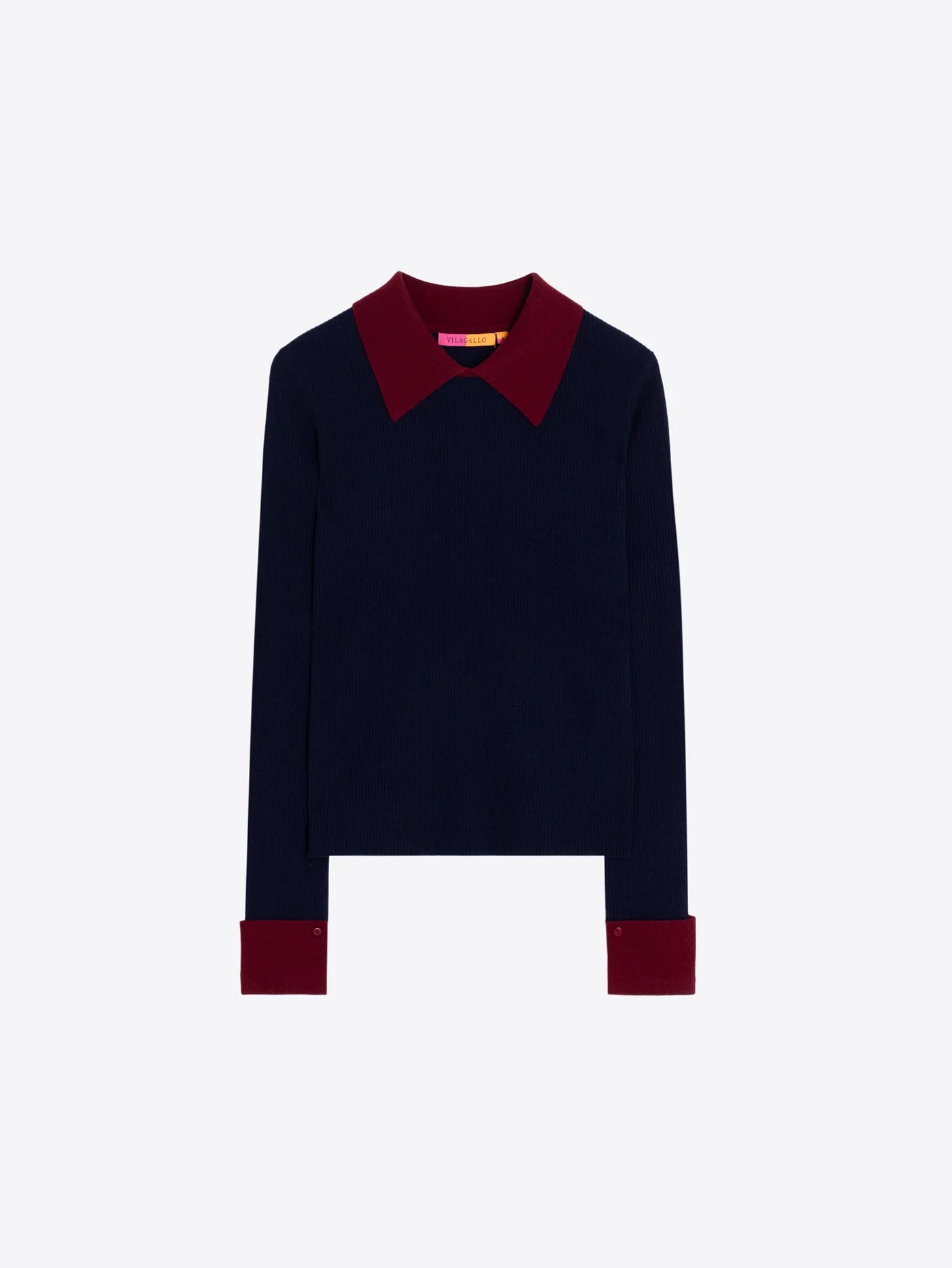 Navy Rib Sweater Burgundy Collar