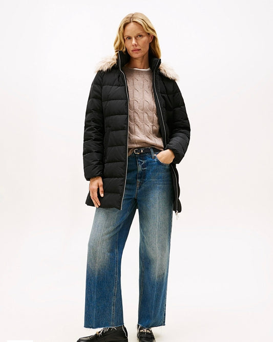 Black down slim fit coat detachable fur