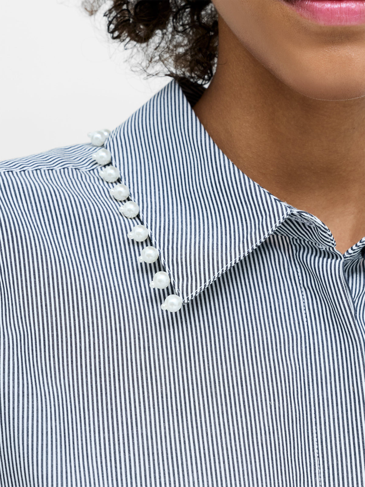 Cambria Cotton Pearl Trim Navy Stripe Shirt