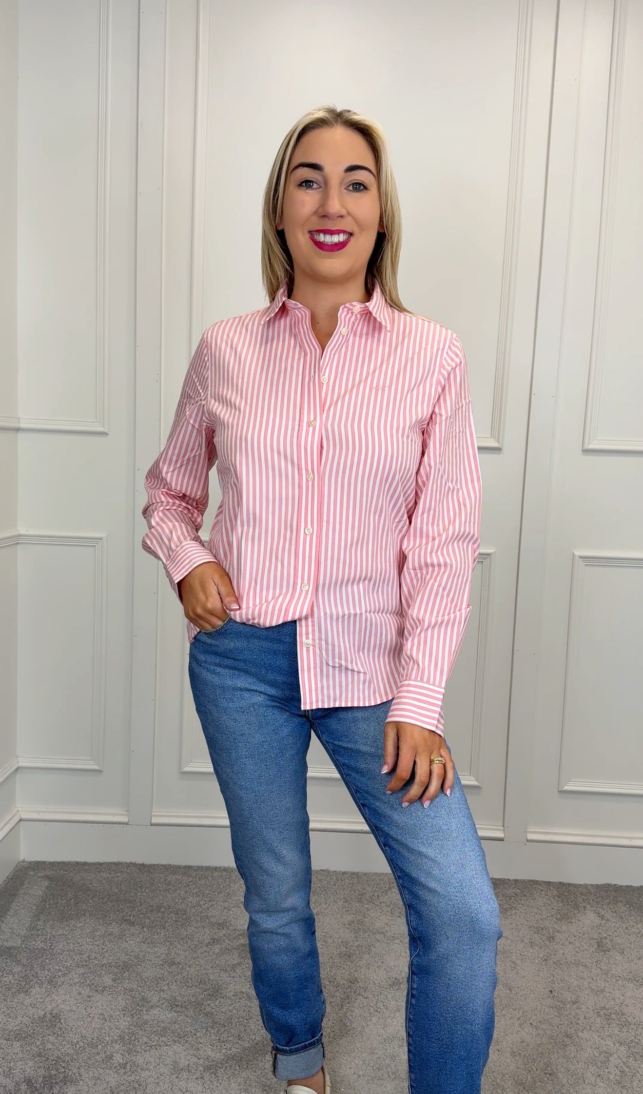 Geranium pink poplin striped shirt