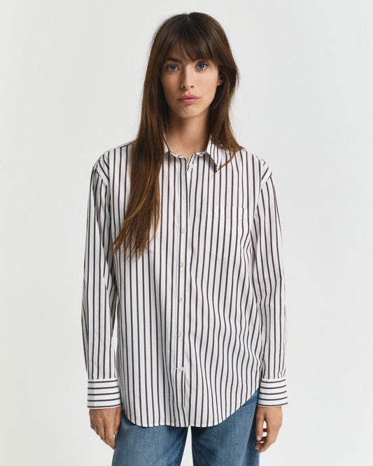 Relaxed Fit Classic Striped Poplin Shirt- Brown