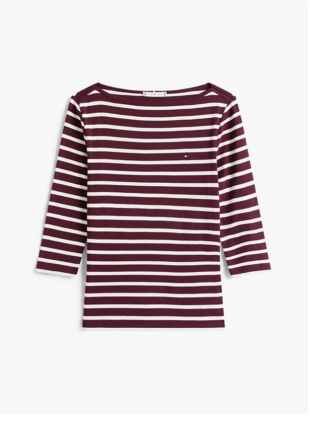Slim Cody Boat Neck Top Burgundy Stripe