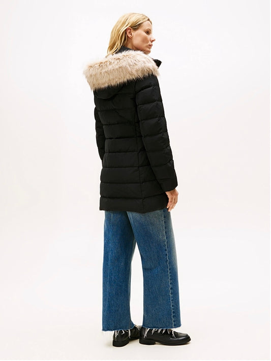 Black down slim fit coat detachable fur