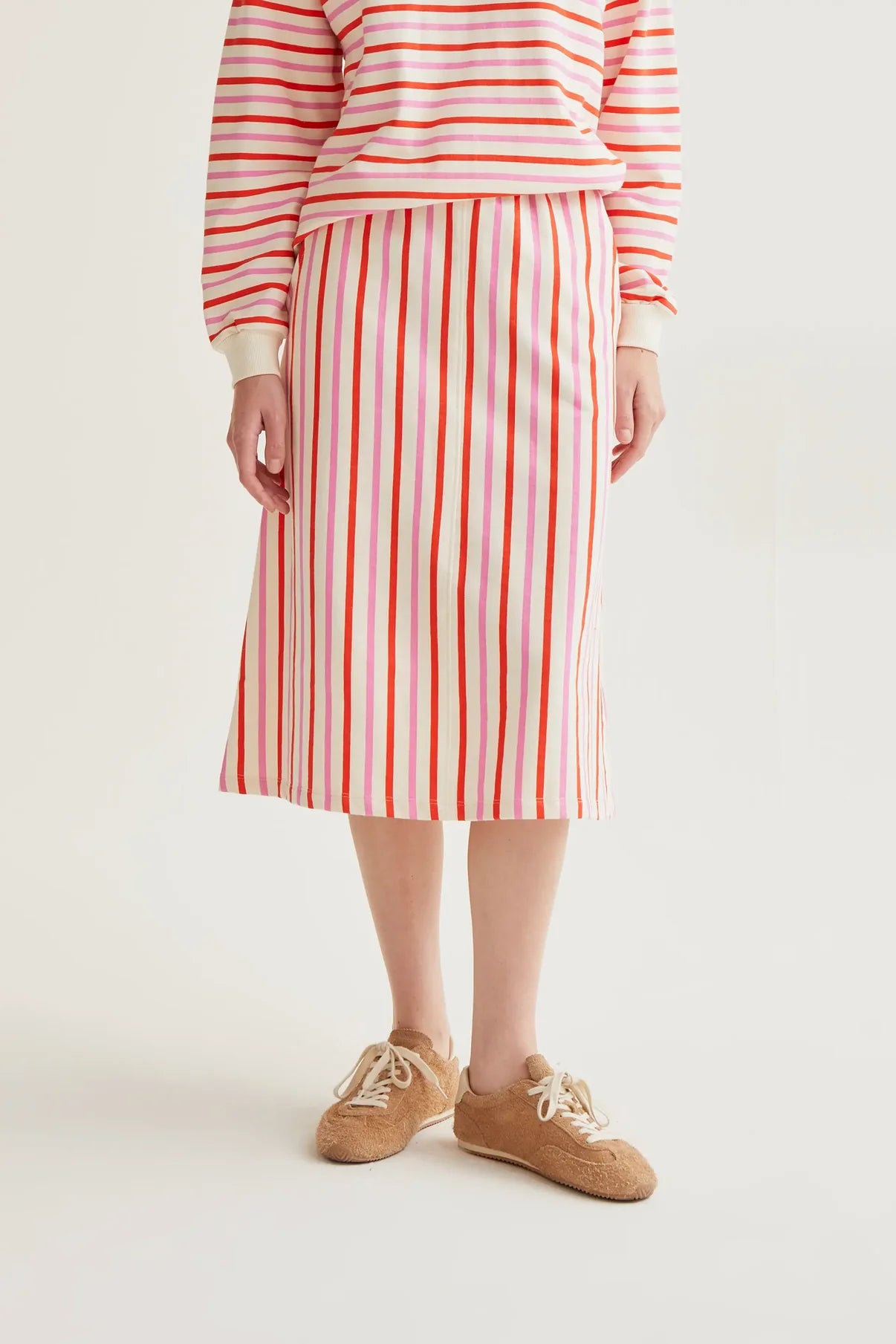 Midi skirt with pink and red striped print