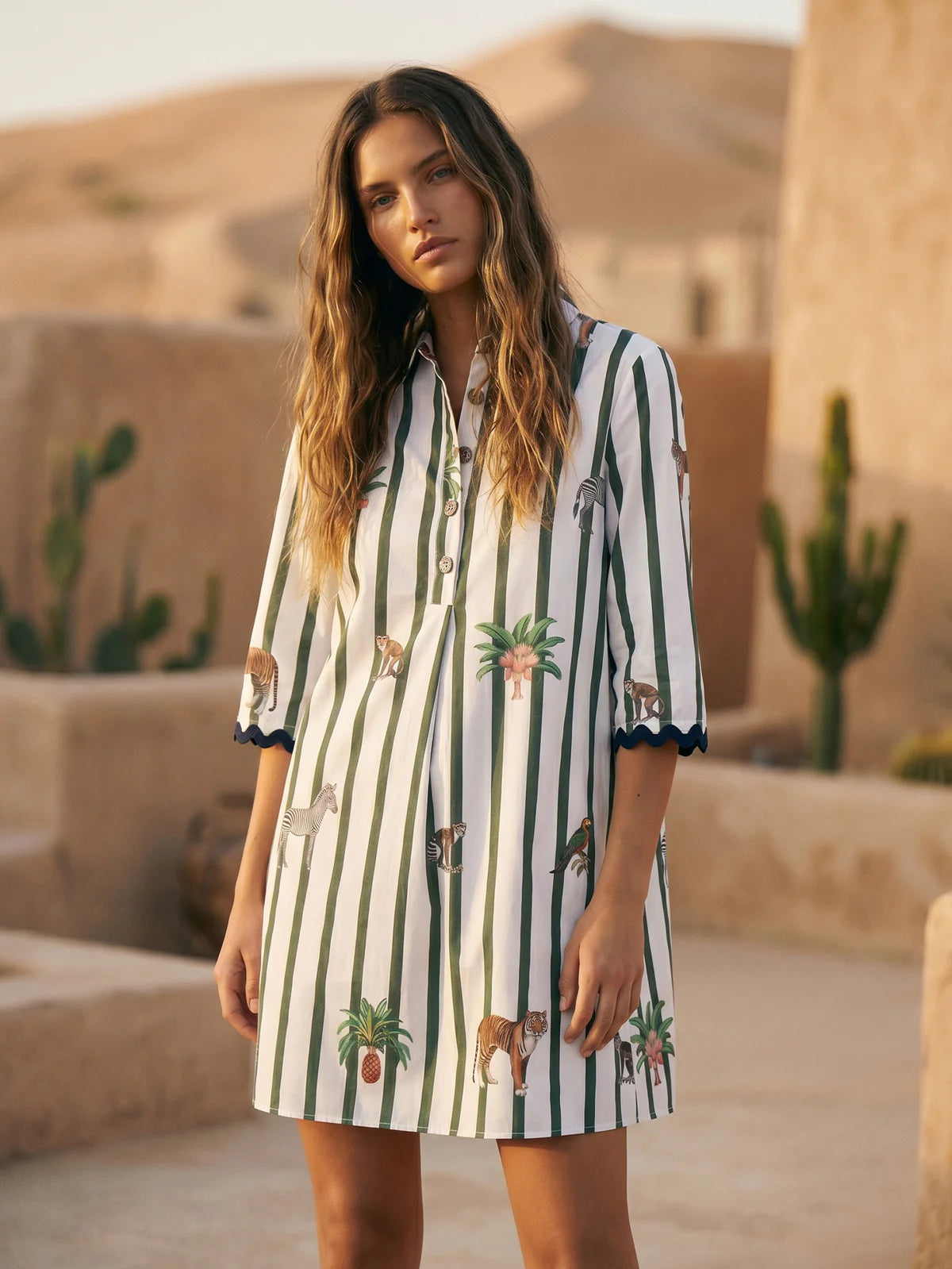 SHORT GREEN STRIPED SAFARI DRESS