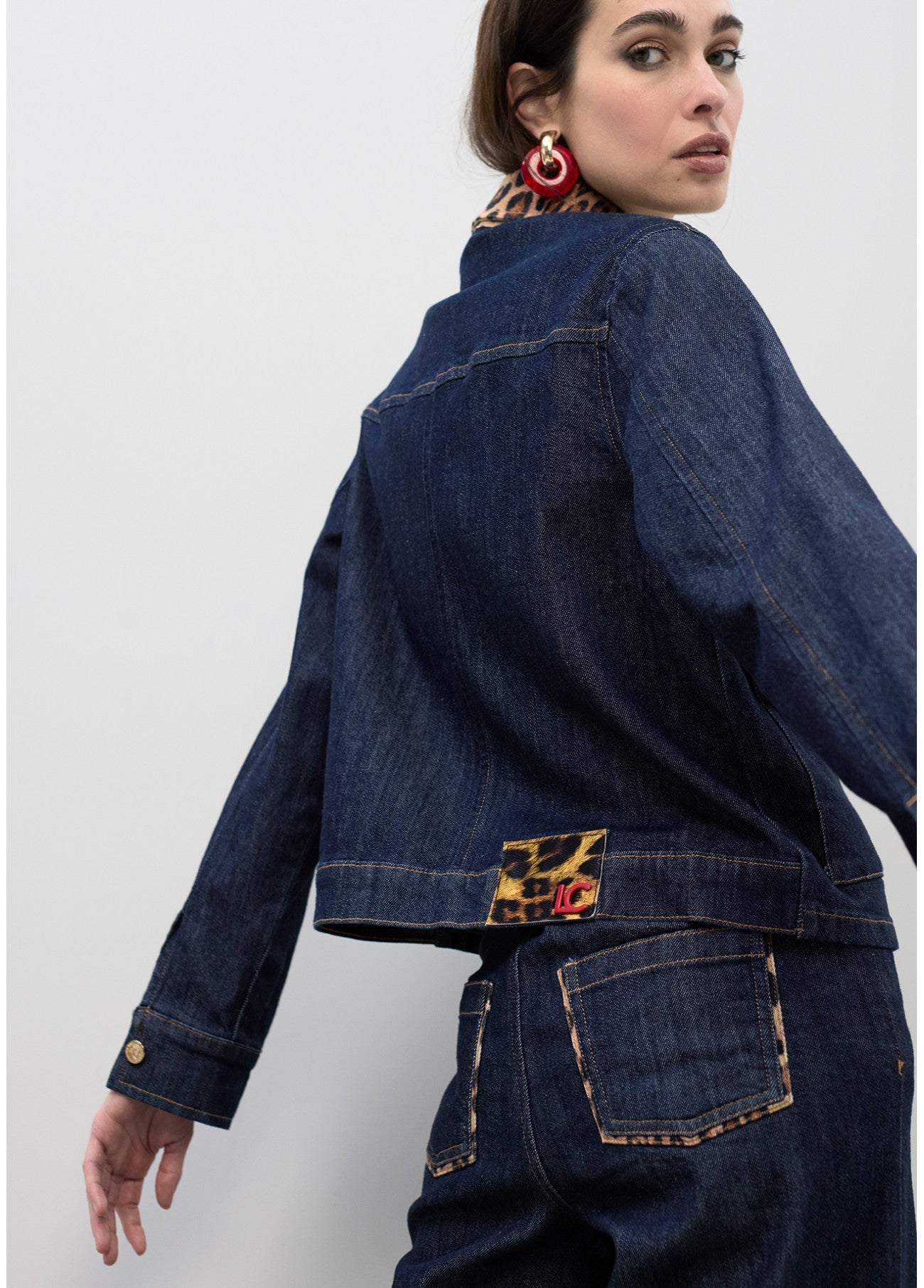 Leopard trim detail denim jacket