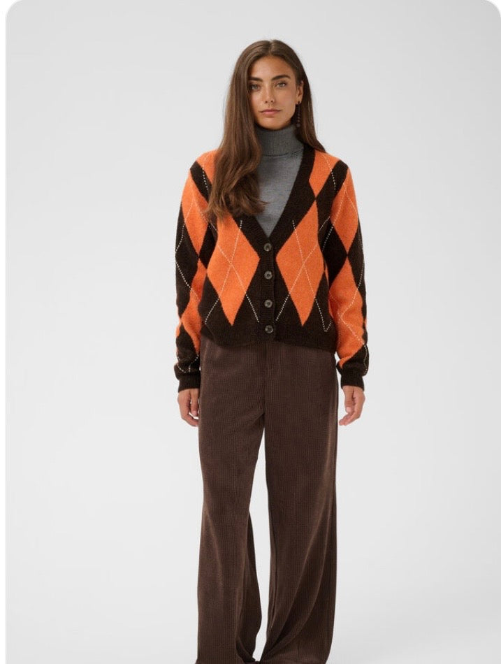 Argyle Cardigan Brown And Orange