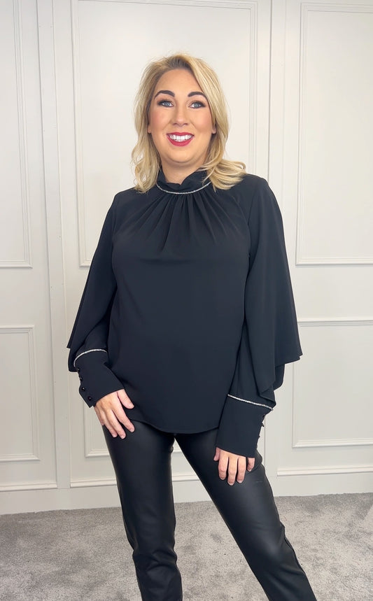 Blouse with rhinestones and sleeve openings - Black