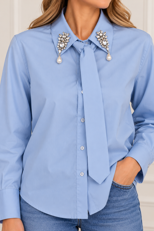 Blue Blouse Crystal Collar With Tie Bow