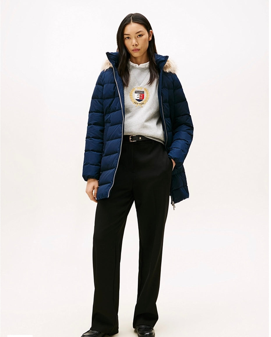 Navy down slim fit coat detachable fur