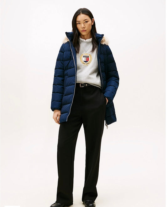 Navy down slim fit coat detachable fur