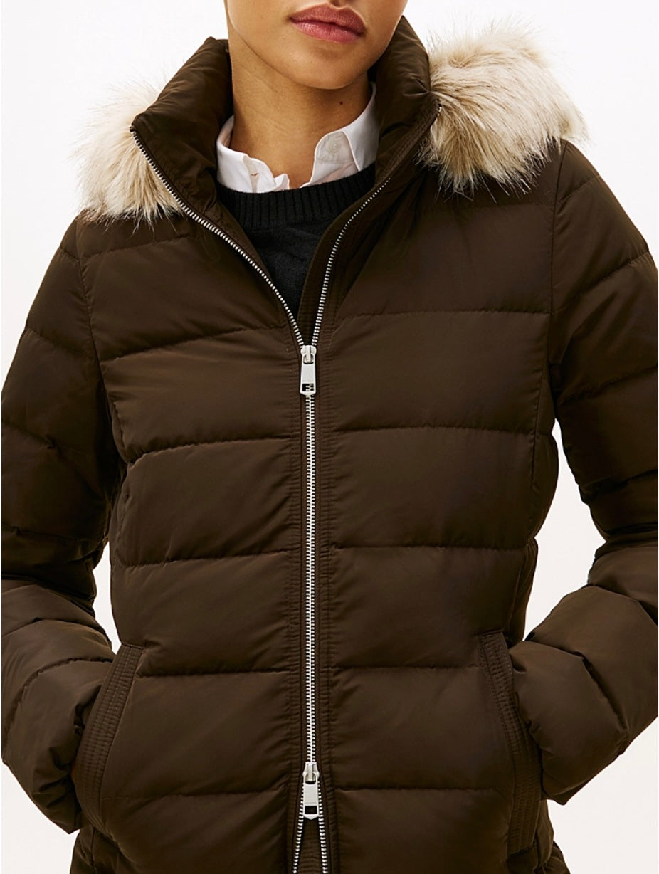 Dark chocolate slim fit coat detachable fur