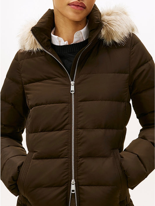 Dark chocolate slim fit coat detachable fur