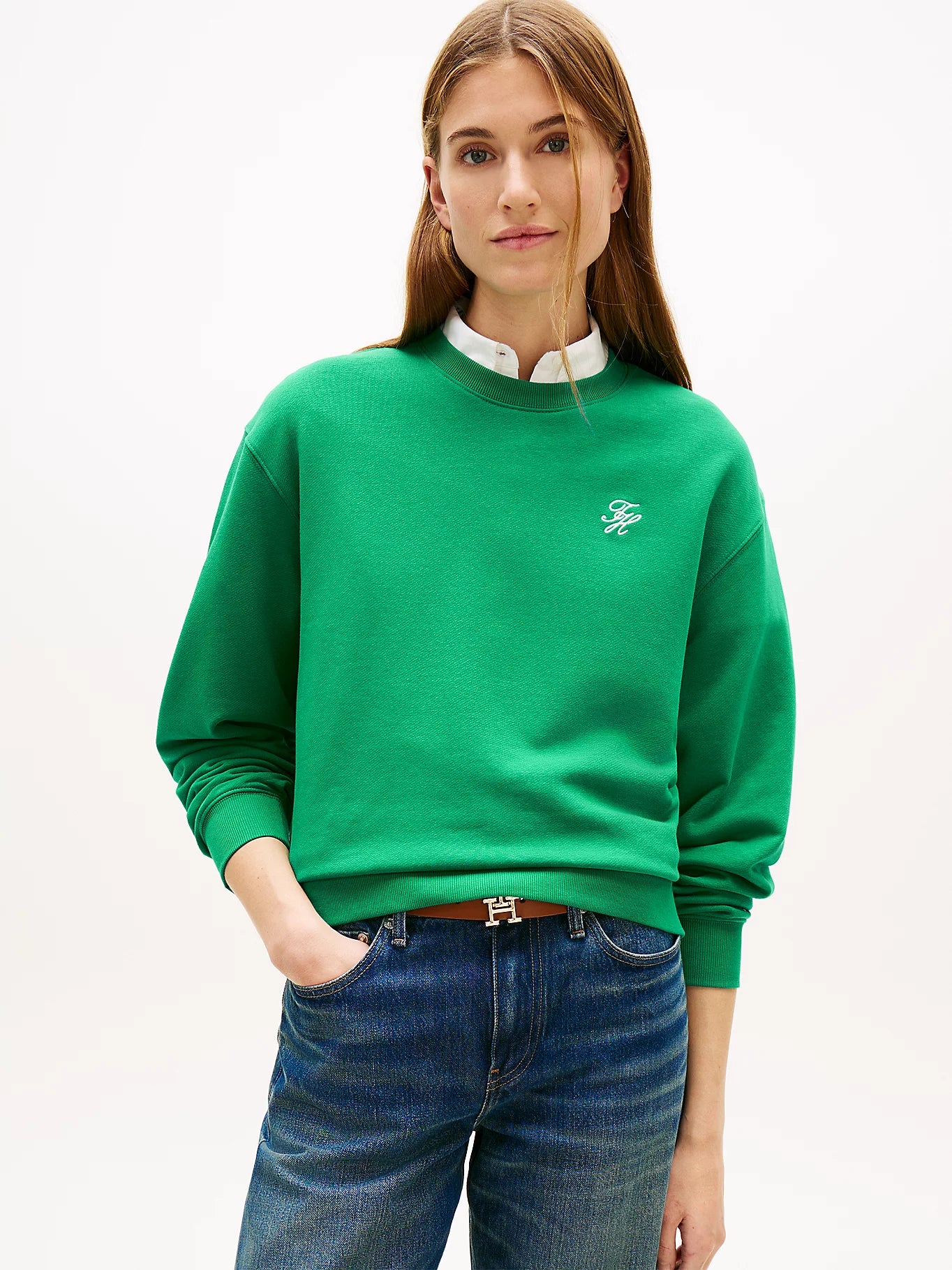 Logo Embroidery Crew Neck Sweatshirt - Green