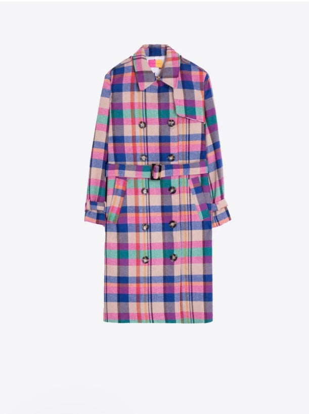Herringbone Plaid Multi Colour Trench Coat