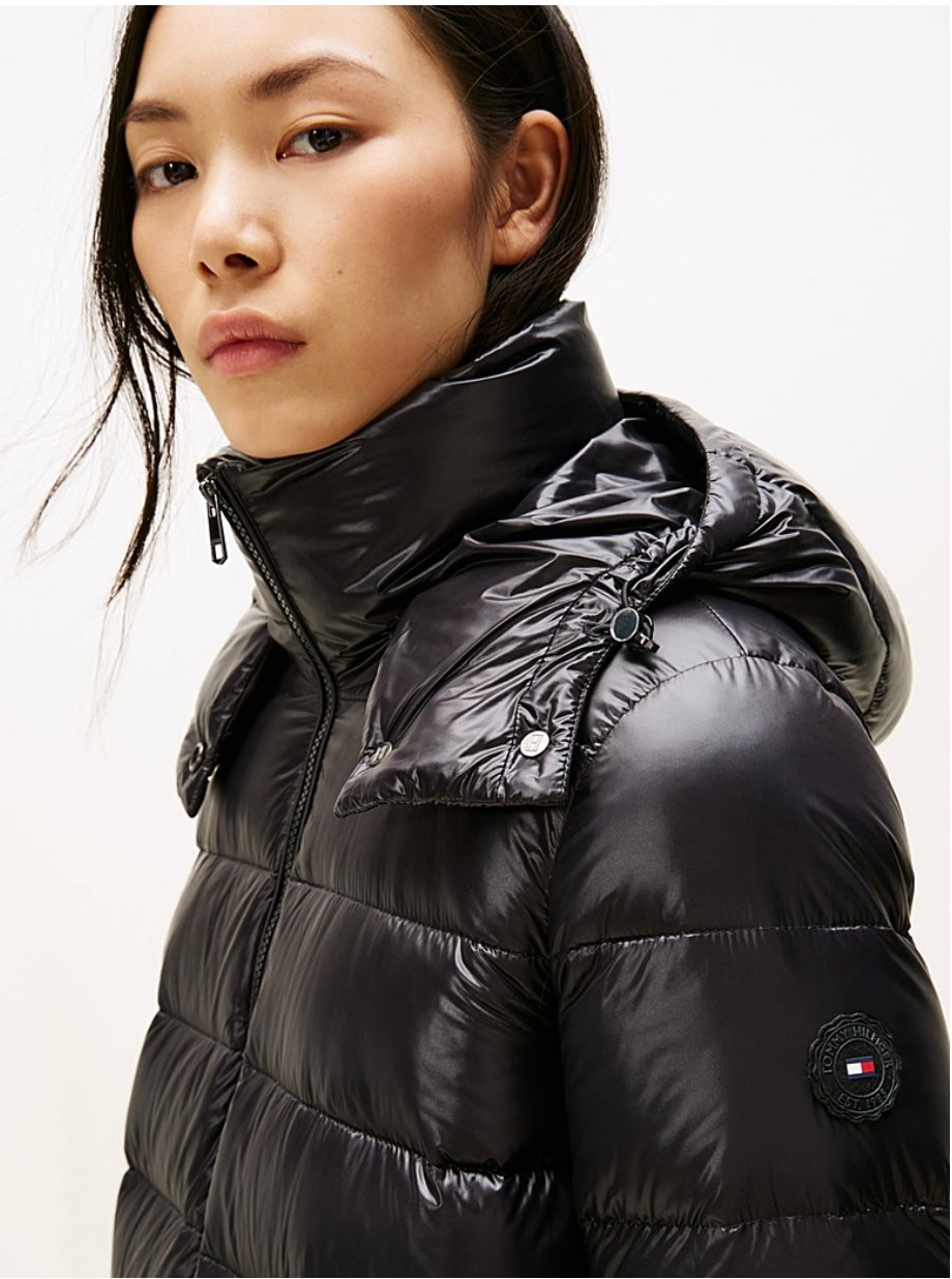 Black gloss down waisted coat