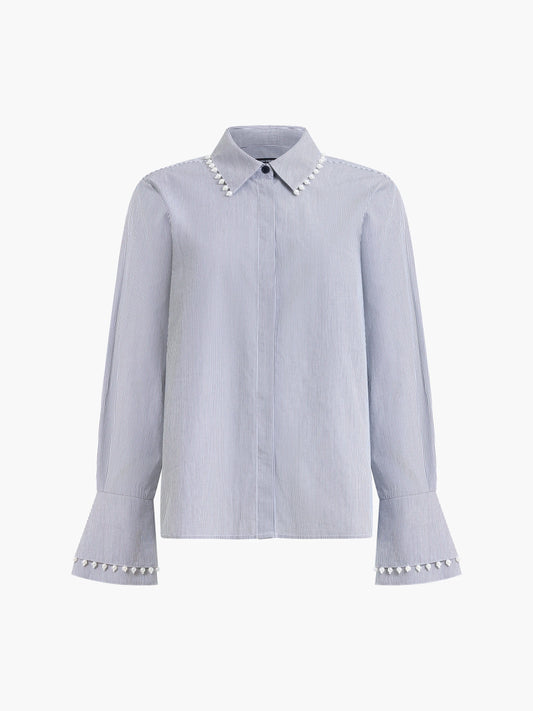 Cambria Cotton Pearl Trim Navy Stripe Shirt