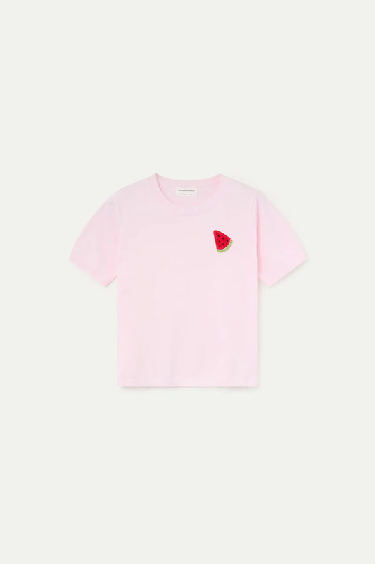 Pink knit top with watermelon embroidery