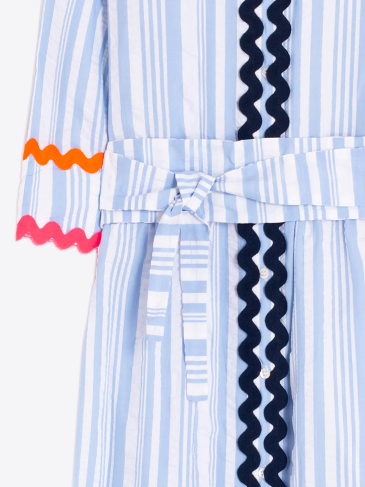 BLUE STRIPED SHIRT DRESS WITH RIVET TRIM