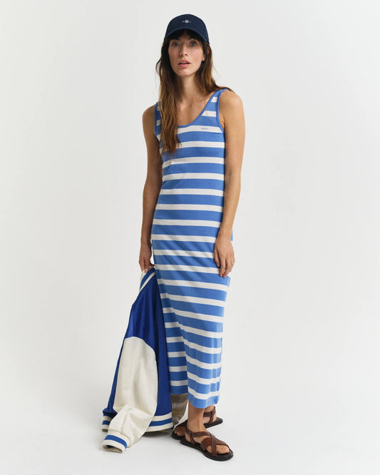 Striped Tank Top Midi Jersey Dress- Blue