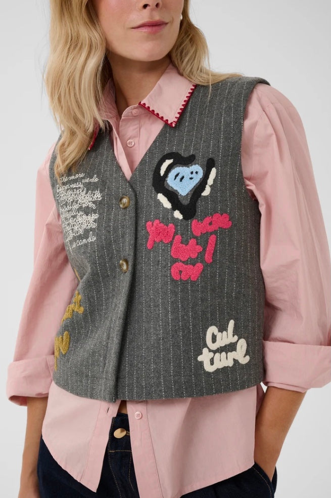 Kayla Waistcoat Grey Stripe With Writing Detail