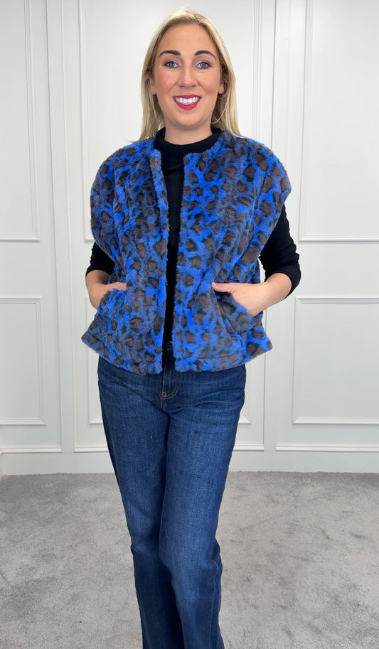 Molly blue/brown leopard print sleeveless jacket