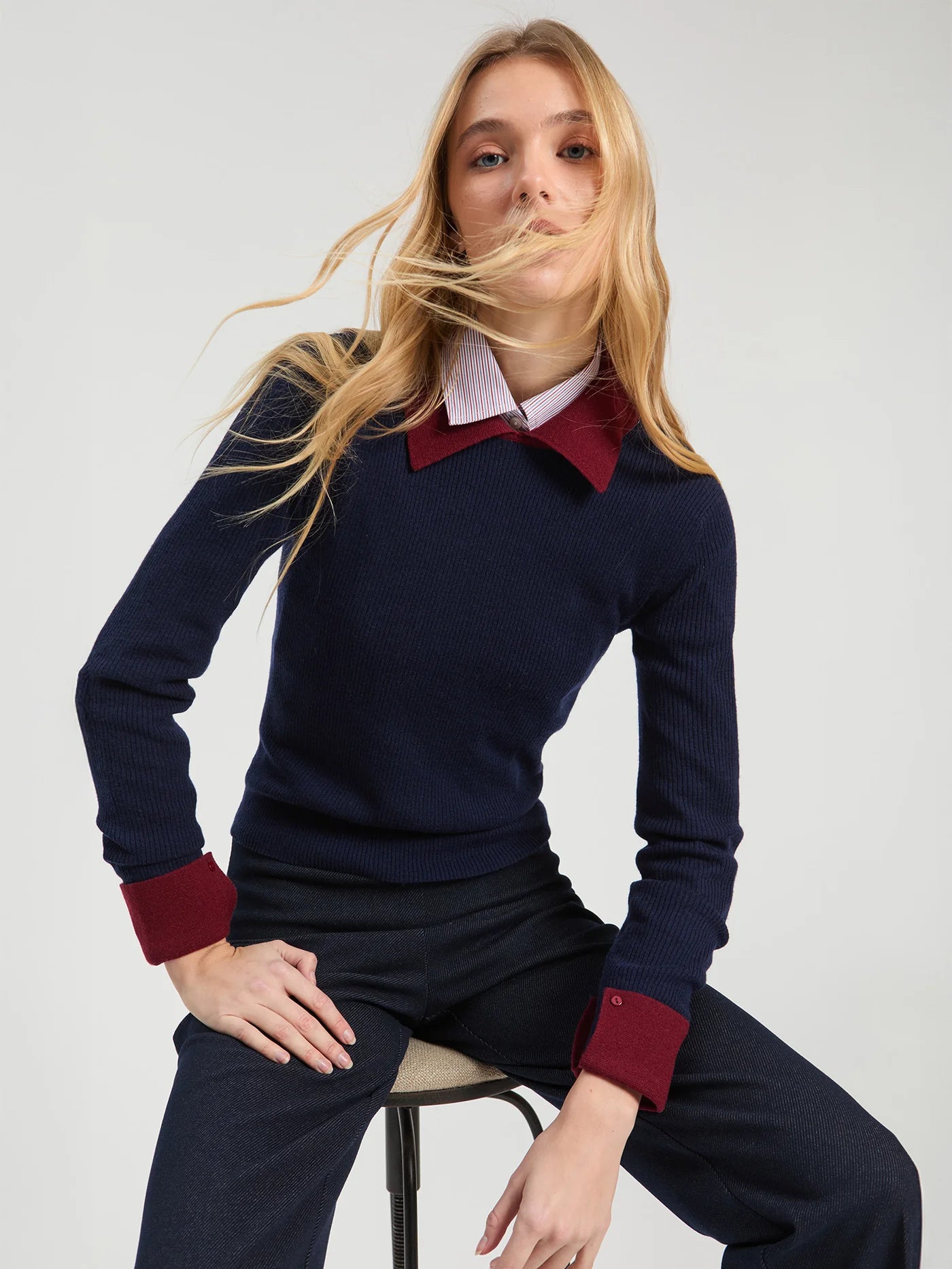 Navy Rib Sweater Burgundy Collar