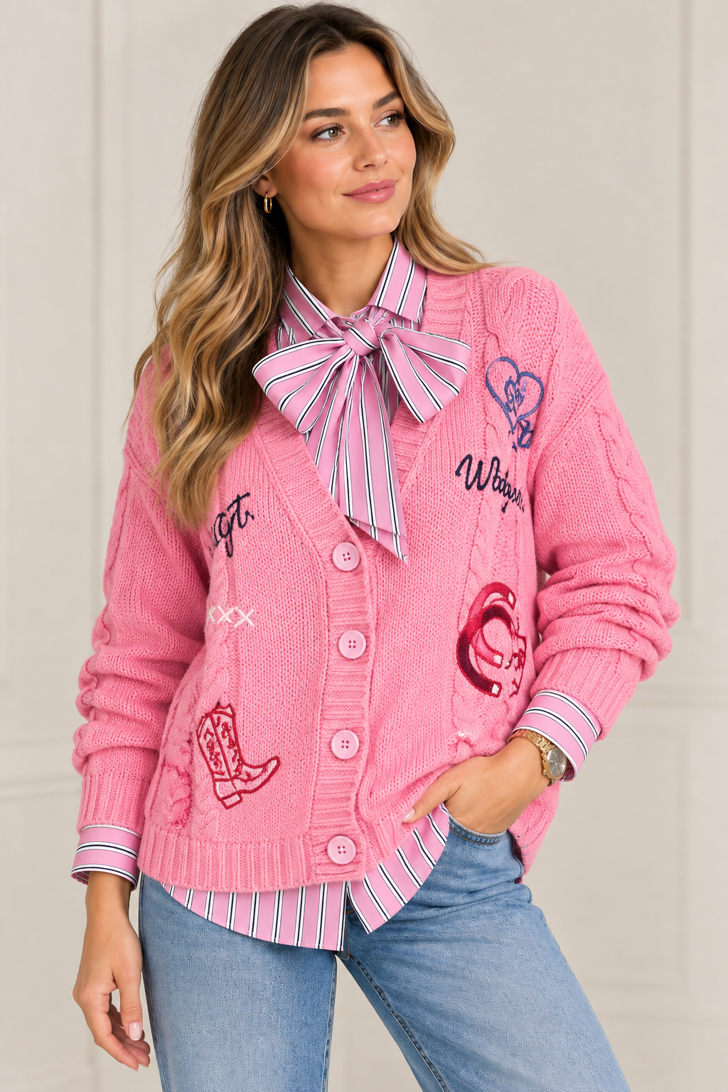 Candy Pink Stripe Bow Blouse 3780