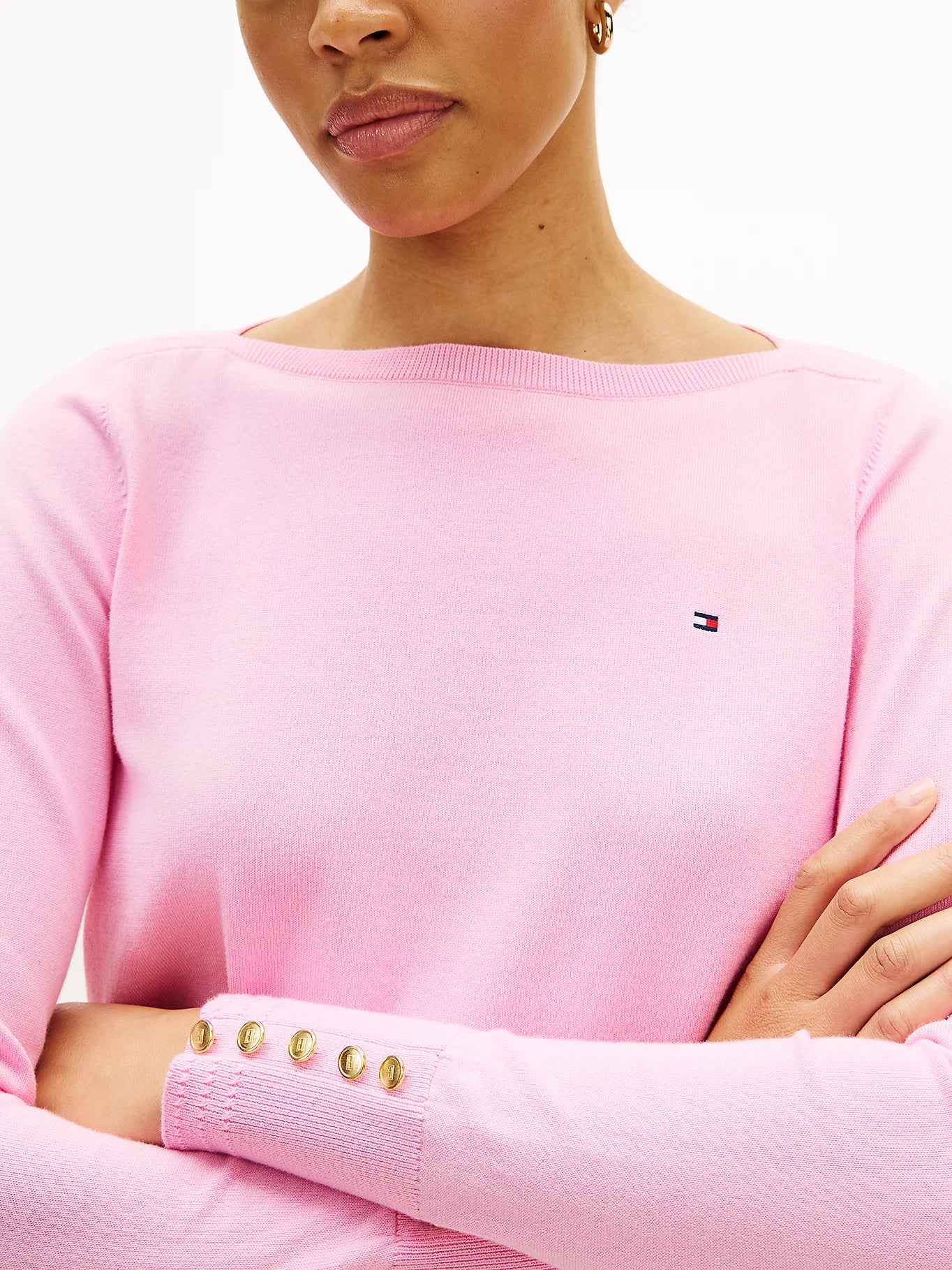 Gold-Tone Button Jersey Boat Neck Jumper Rose Petal