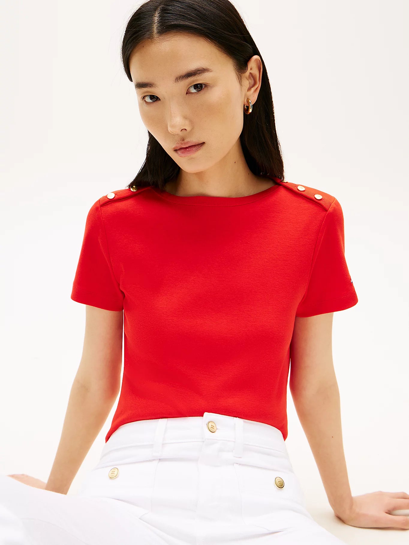 Gold-Tone Button Boat Neck T-Shirt