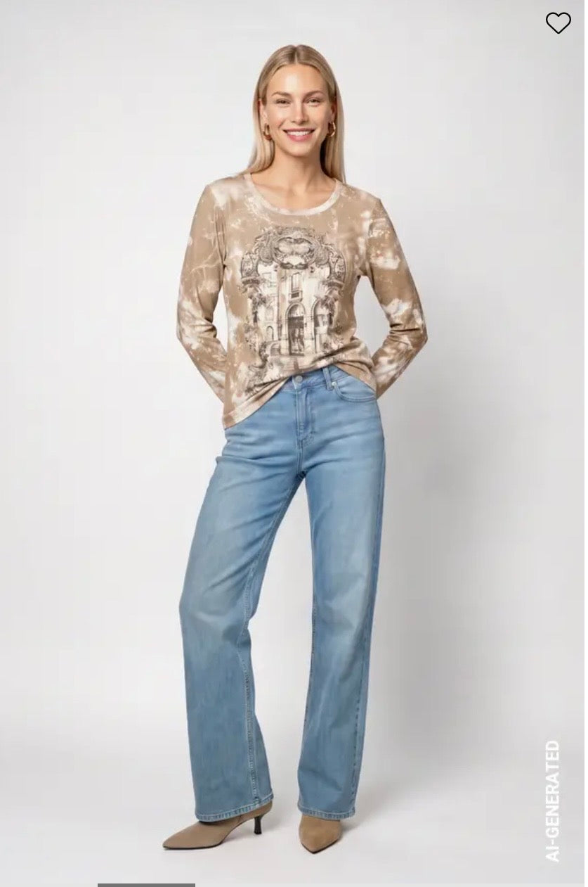 Gallery Print Ribbed Long Sleeve Tee Shirt 827