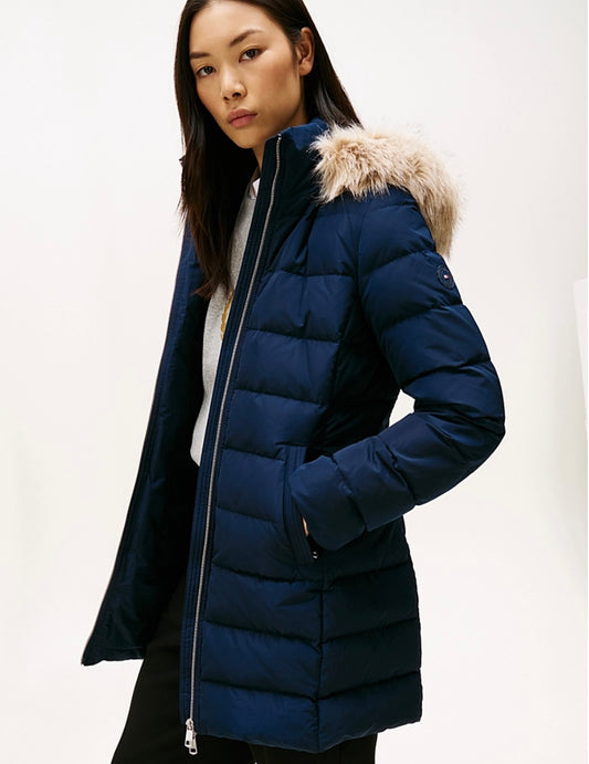 Navy down slim fit coat detachable fur