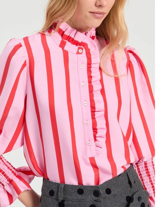 Pink Stripe Bicolor Shirt With Ruffles
