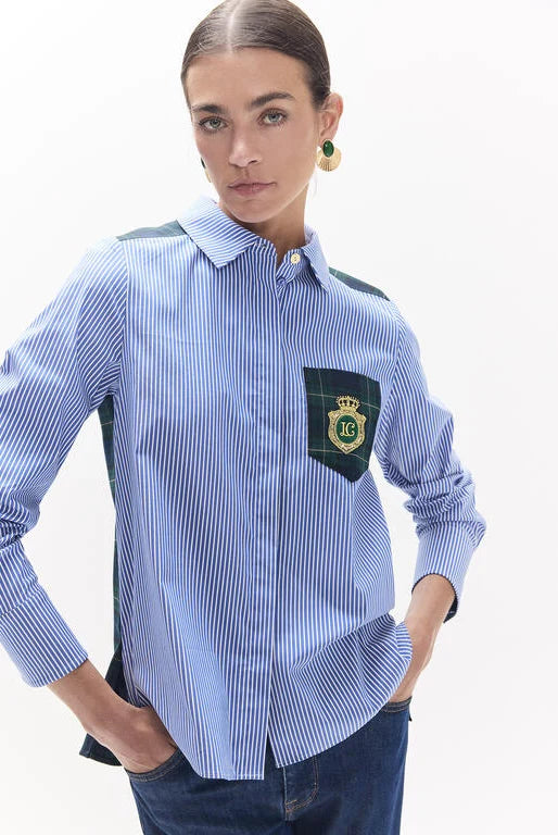 Blue Stripe Blouse Tartan Back And Tartan Badge
