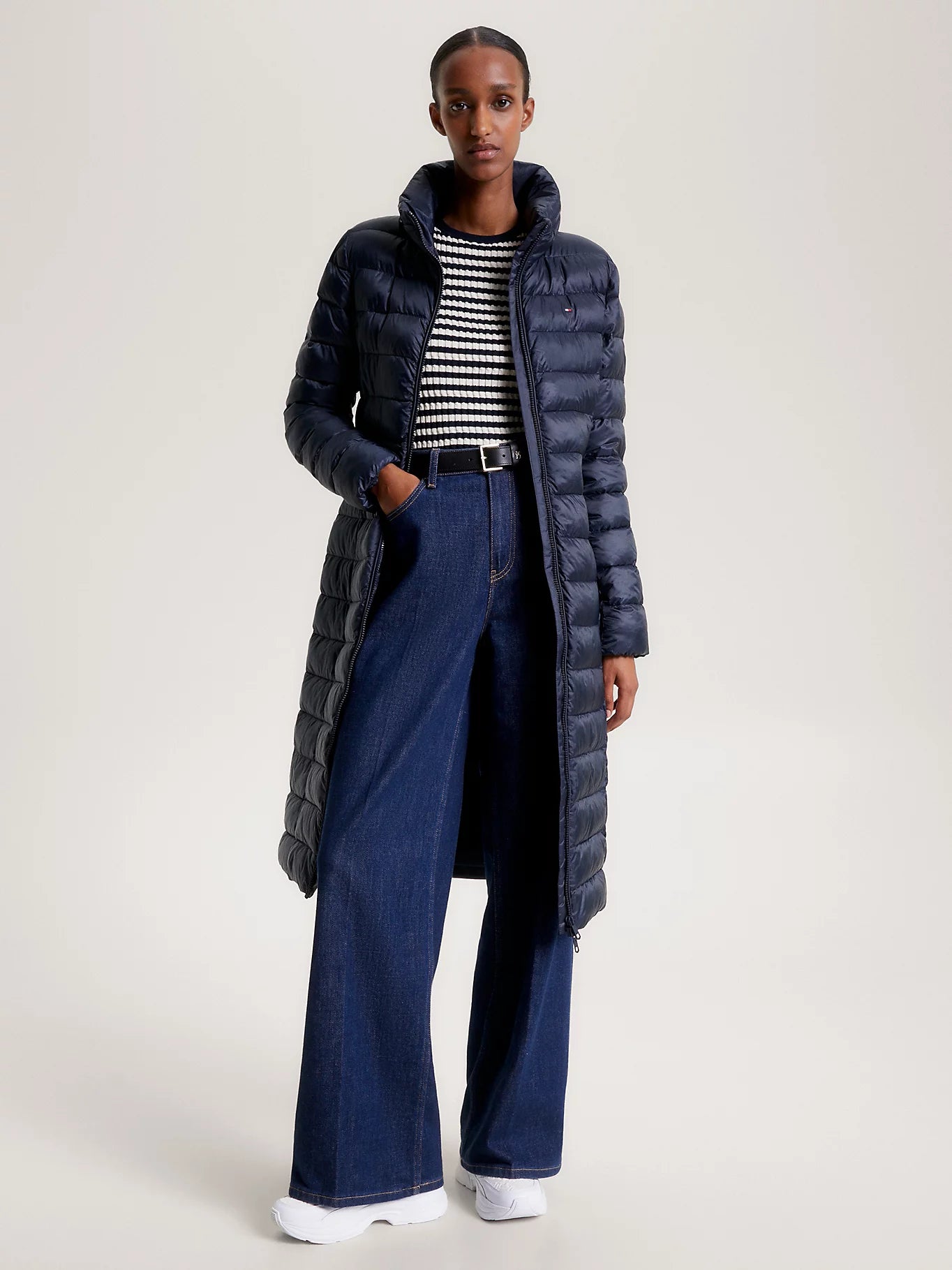 GLOBAL STRIPE RECYCLED MAXI PADDED COAT Navy