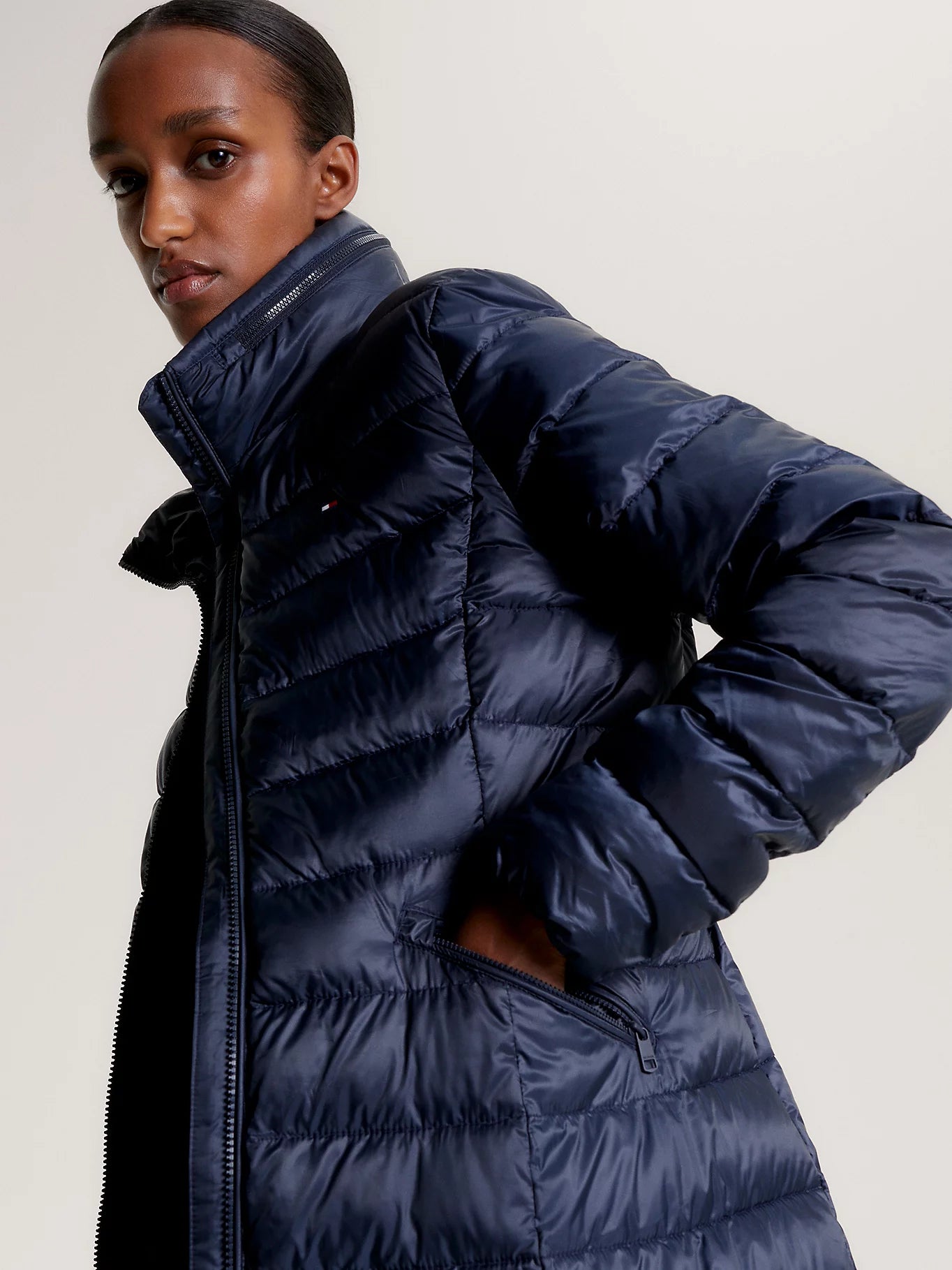 Navy puffa coat sales