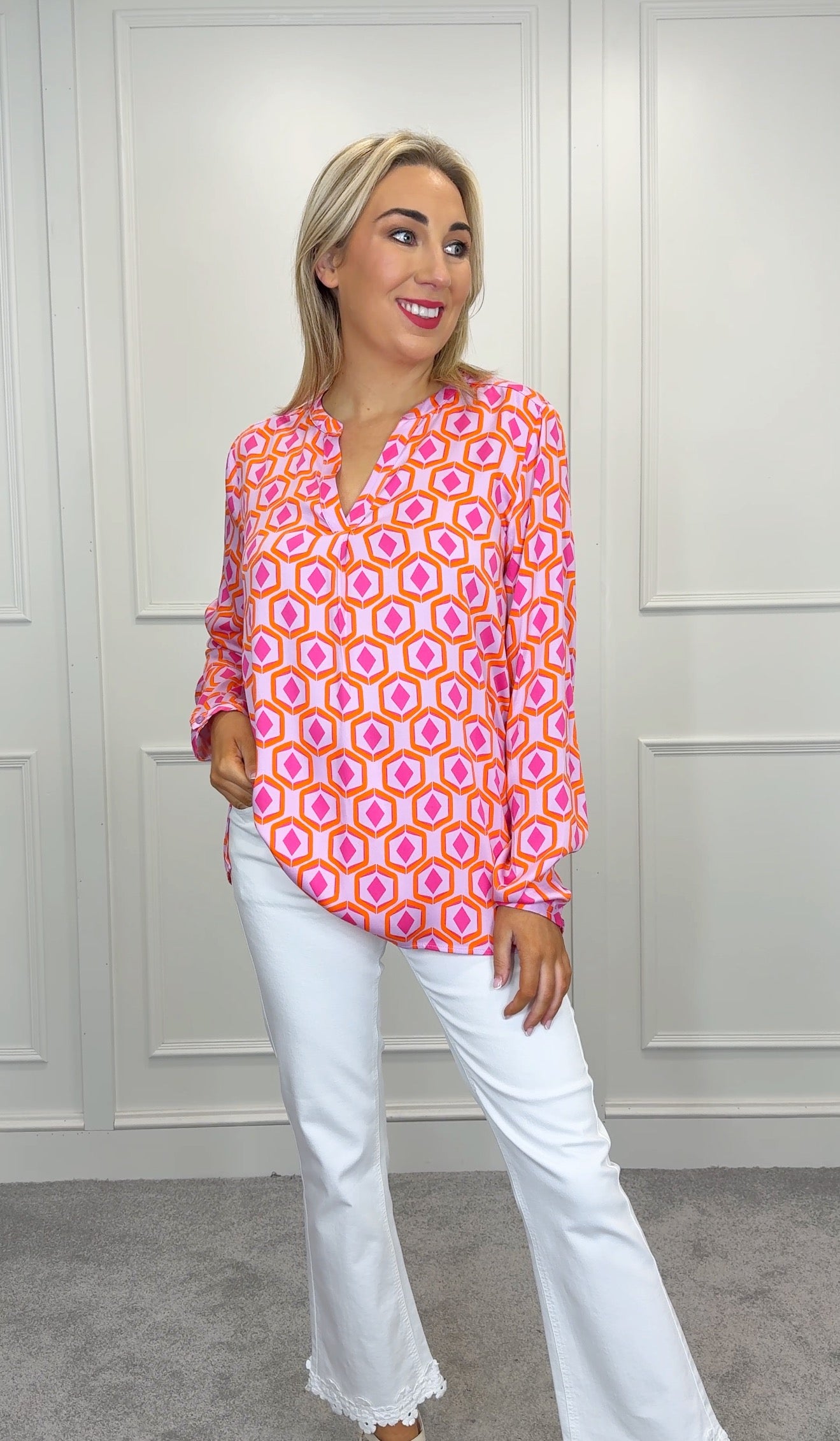 Print V Neck Blouse