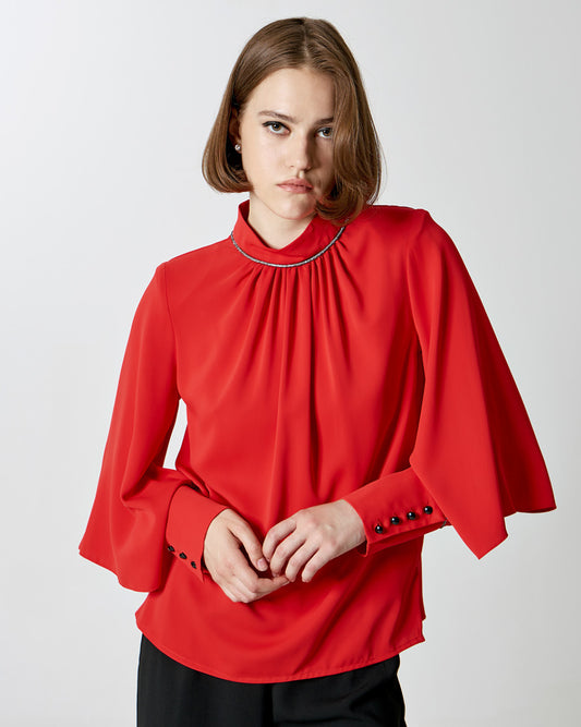 Blouse with rhinestones and sleeve openings- Red