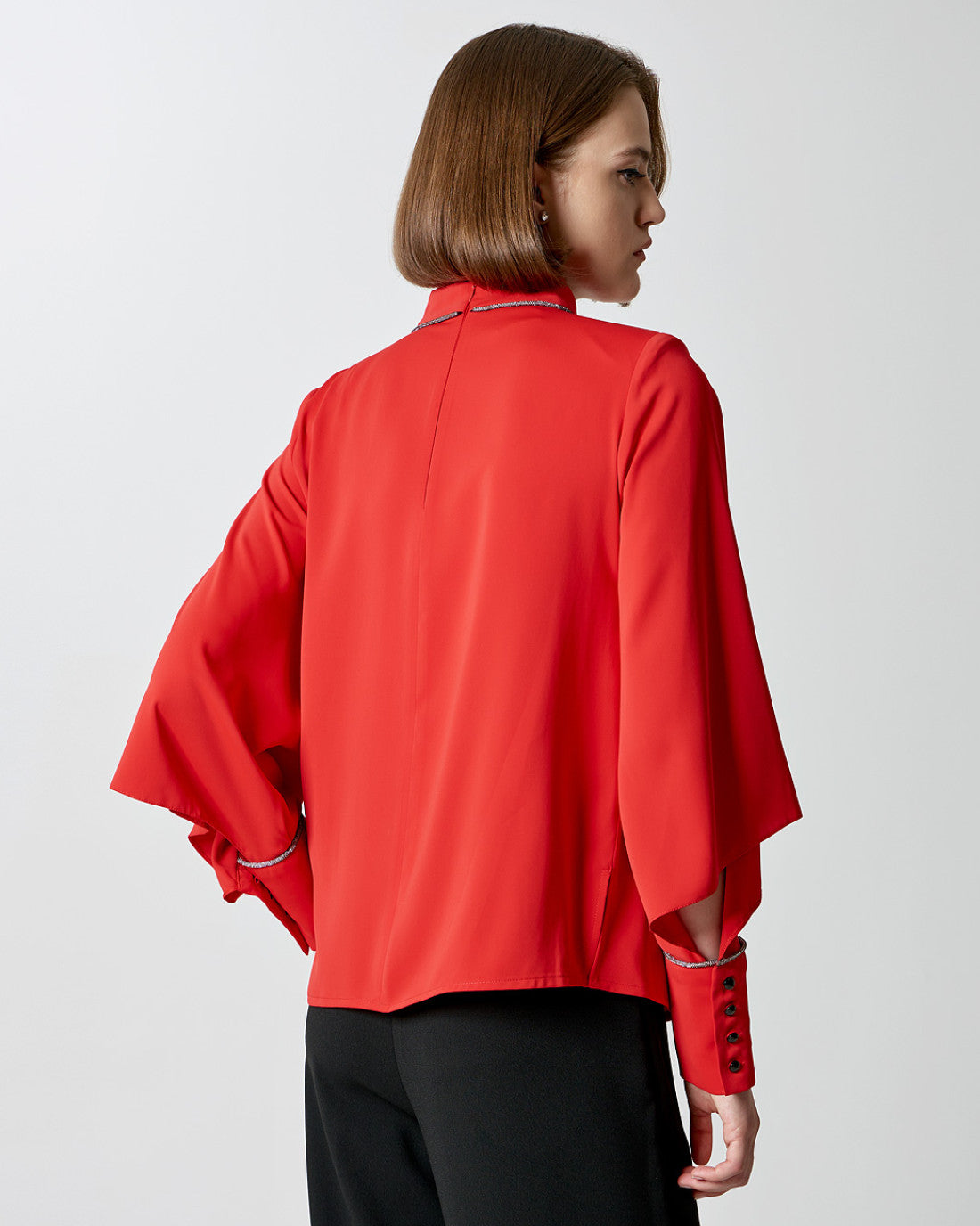Blouse with rhinestones and sleeve openings- Red