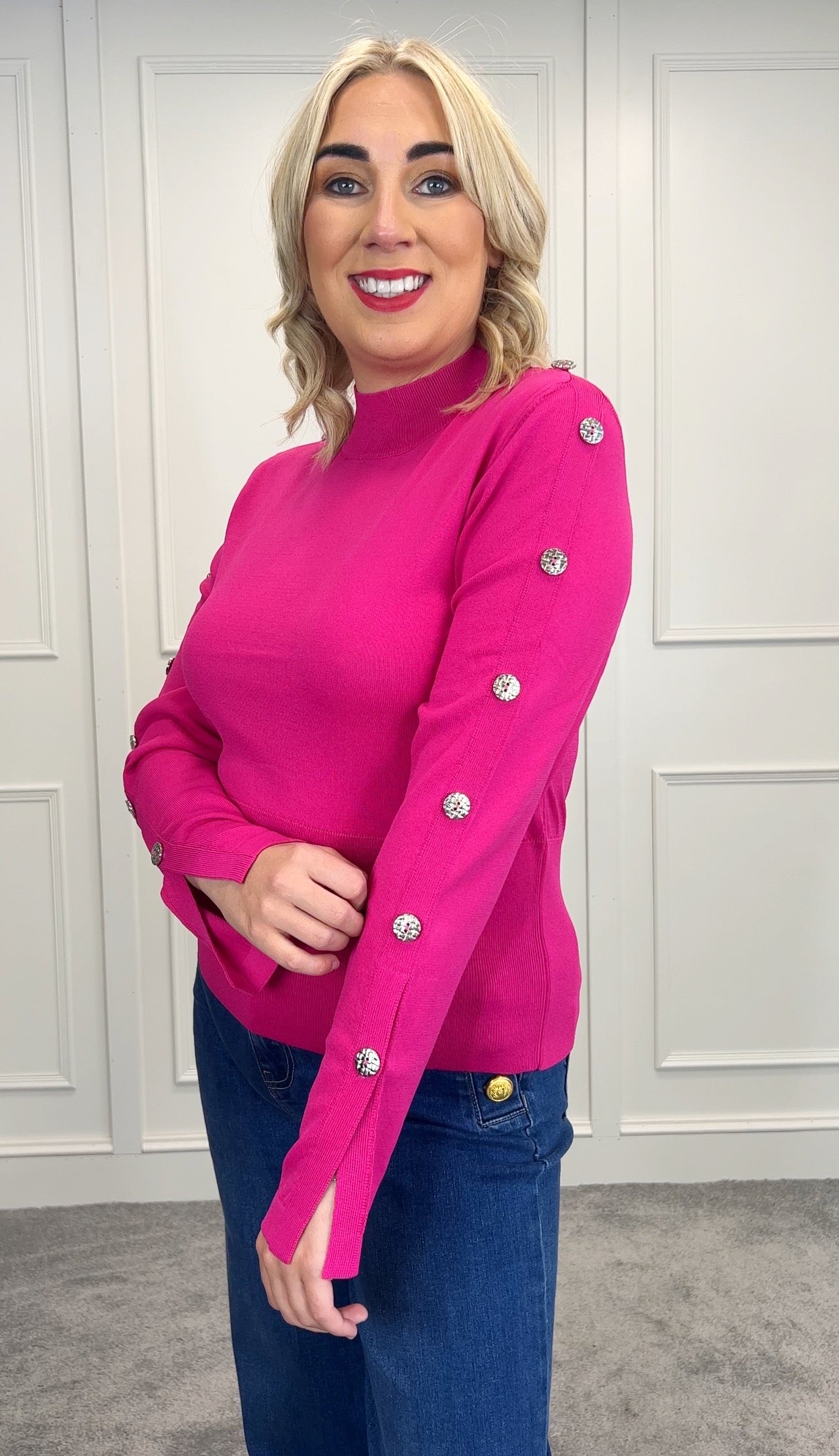 Bright pink with button detail sleeves