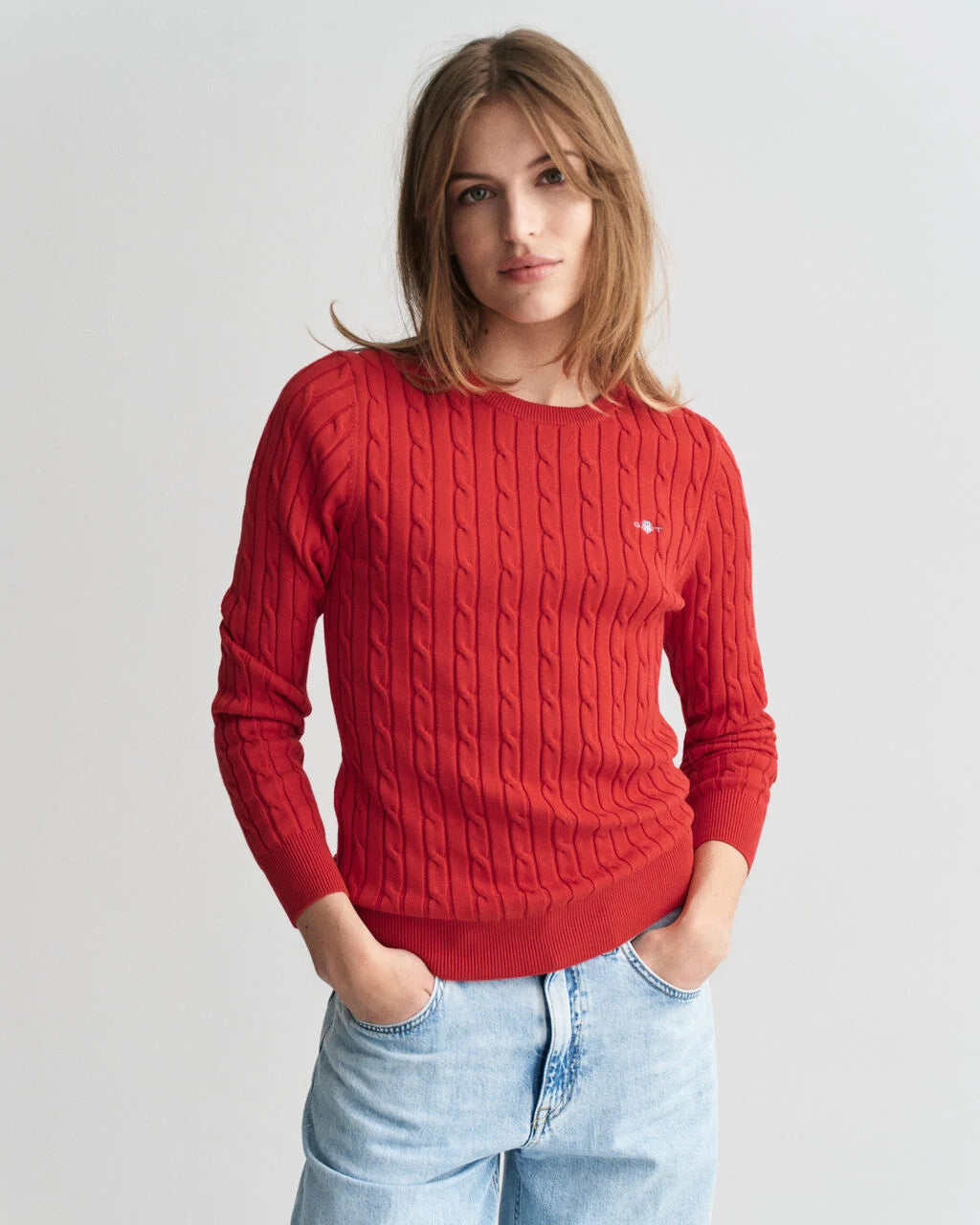 Stretch Cotton Cable Knit Crew Neck